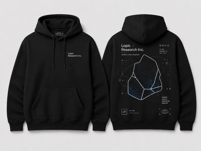 Black Lapis Research hoodie, chest wordmark on the front and a specimen graphic printed across the back