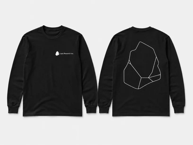 Black Lapis Research long-sleeve shirt, front and back, with the stone outline printed large on the back