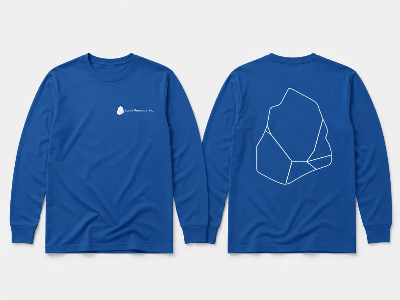 Blue Lapis Research long-sleeve shirt, front and back, with the stone outline printed large on the back