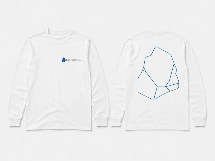 White Lapis Research long-sleeve shirt, front and back, with the stone outline printed in blue on the back