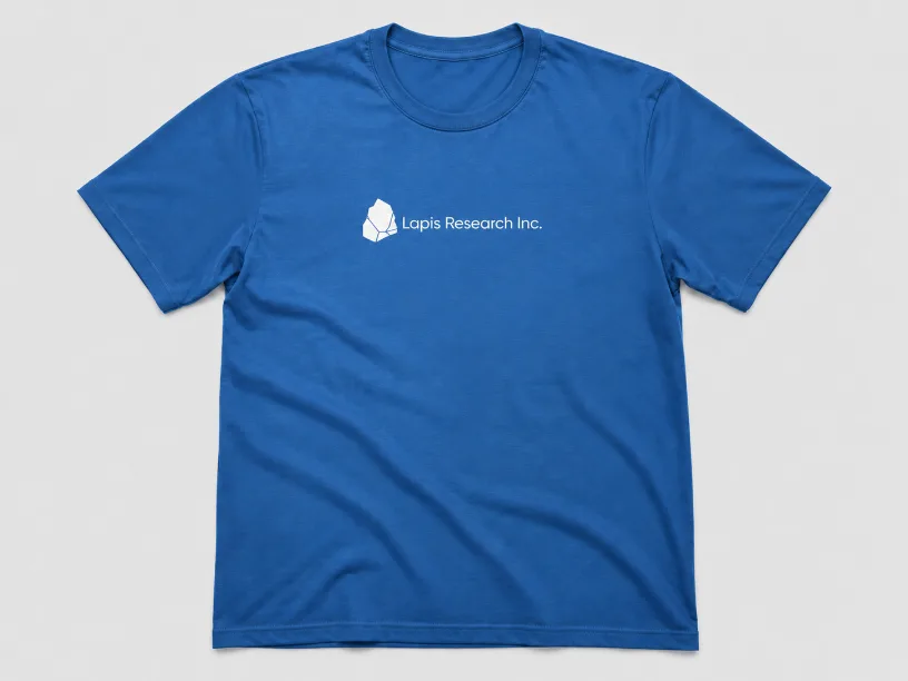 Blue Lapis Research t-shirt with the horizontal wordmark across the chest