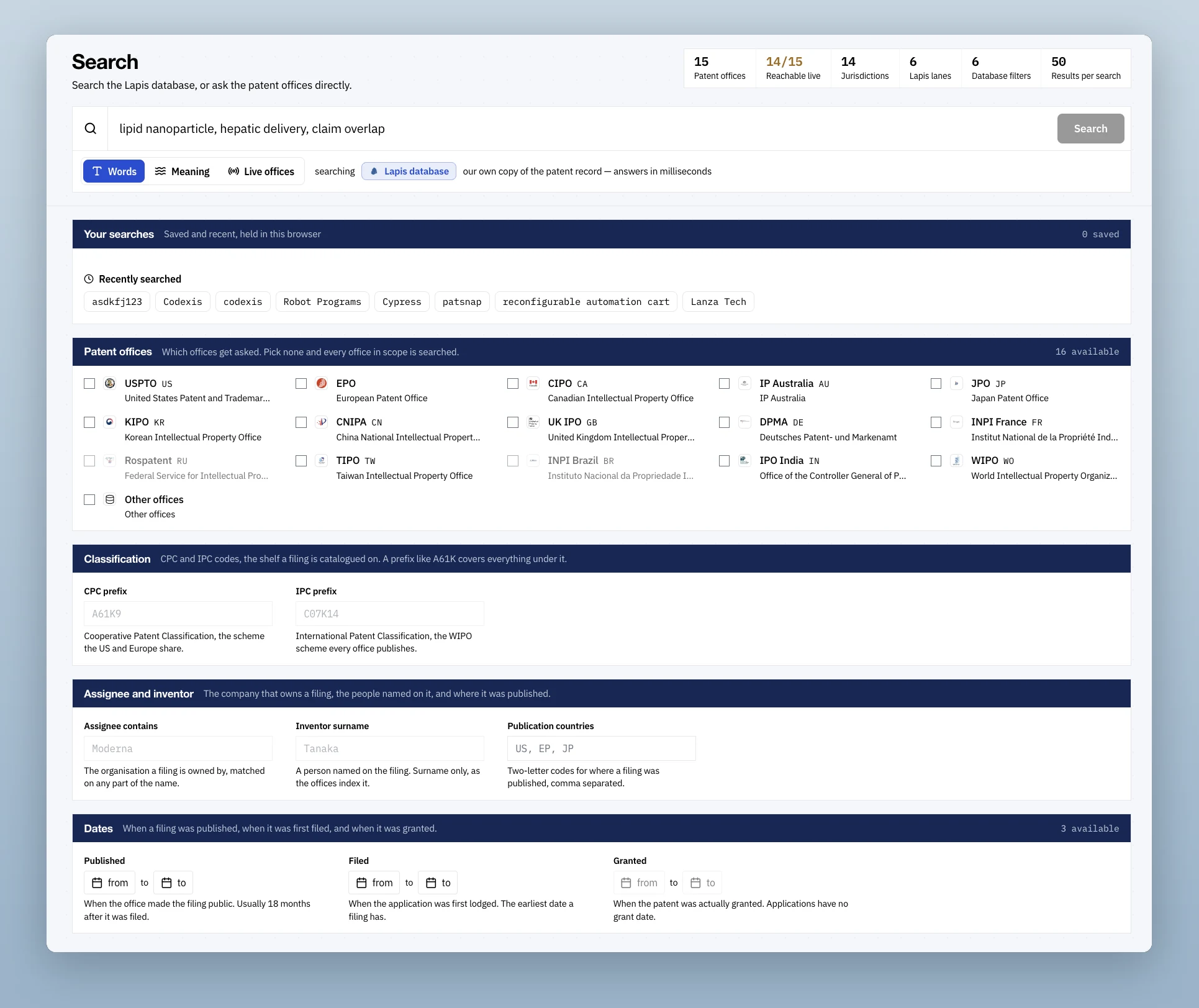 The search screen, with word, meaning, and live office modes, and filters for patent offices, CPC and IPC classification, assignee, and dates.